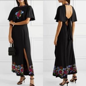 Rixo | Iona Black Floral Embroidered Cape Effect Maxi Dress